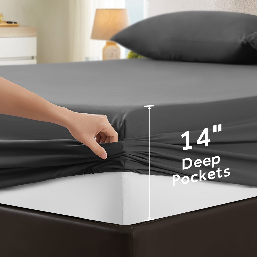 Wrinkle-Resistant Sheets,Soft Hotel Luxury Polyester Washed Cotton,4 Piece Sheets Set,with 14" Deep Pocket,Dark Gray - Premium Ultra-Soft Pillowcase Pair for Sleeping Detail