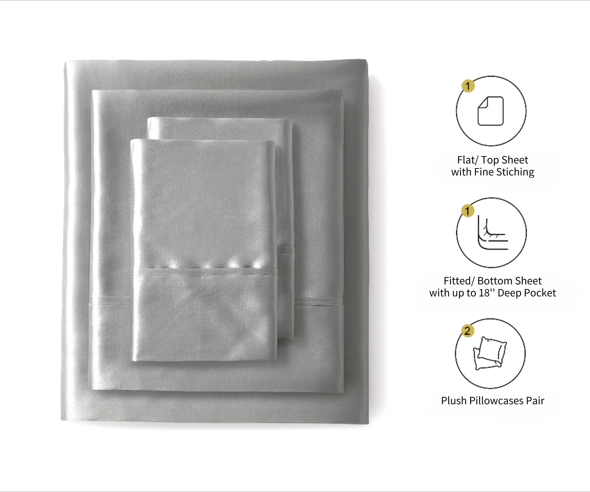 Ultra-Soft Luxury Satin Sheets Set Full Size Light Gray, 4-Piece Bedding Sets with Deep Pockets - Soft and Smooth Satin Bed Shee... - Breathable Egyptian Cotton Flat & Fitted Sheets Detail