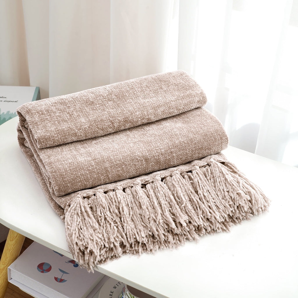 Reversible Sherpa Chenille Throw Blanket with Fringe Tassel for Couch Sofa Chair Bed, Taupe 50" X 60" - Lightweight Plush Warm Blanket for All Seasons Detail