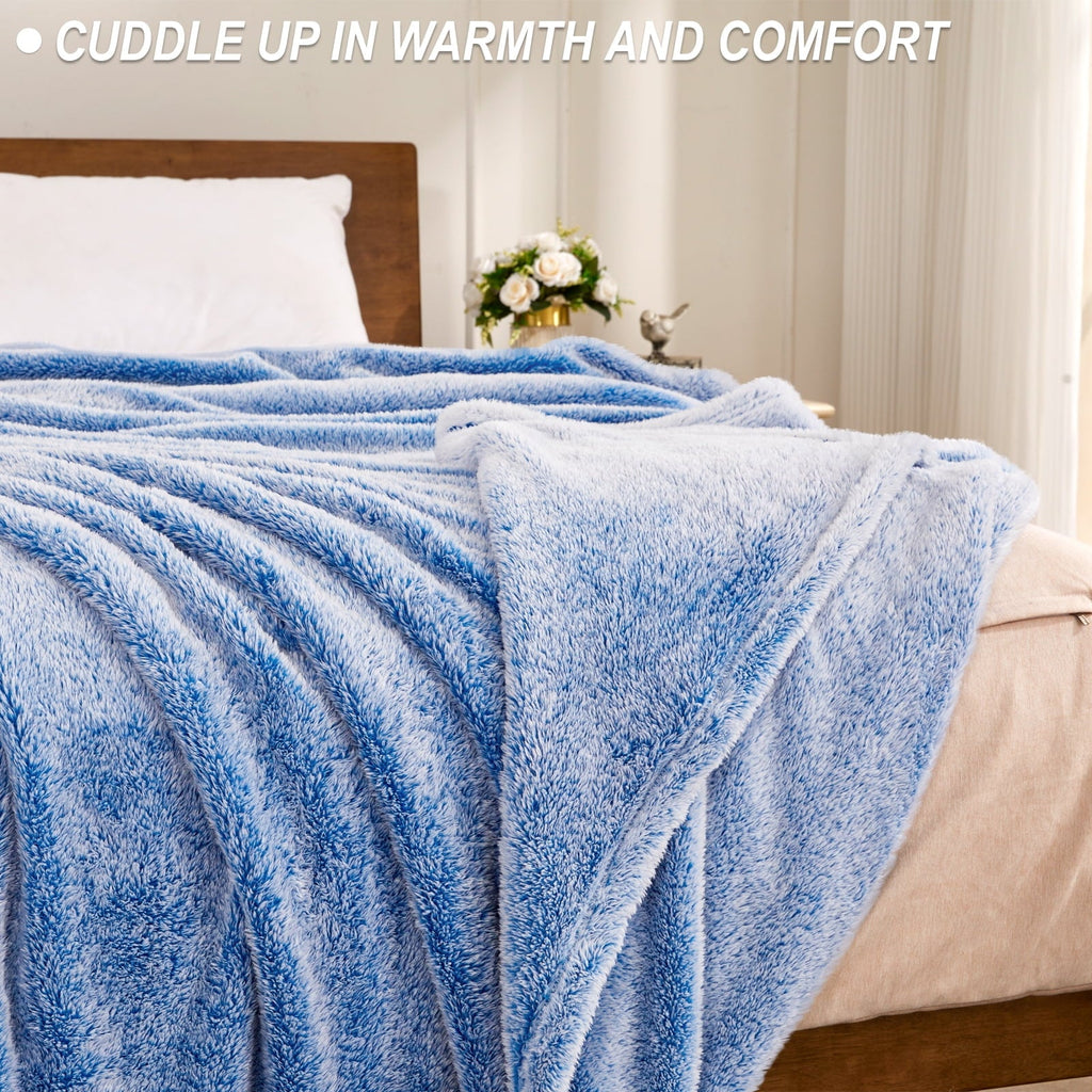 Reversible Sherpa Plush Fuzzy Large Fleece Throw Blanket (50" x 70", Mixed Cobalt Blue)- Soft, Warm and Lightweight - Luxury Knitted Decorative Throw Blanket with Fringes Detail