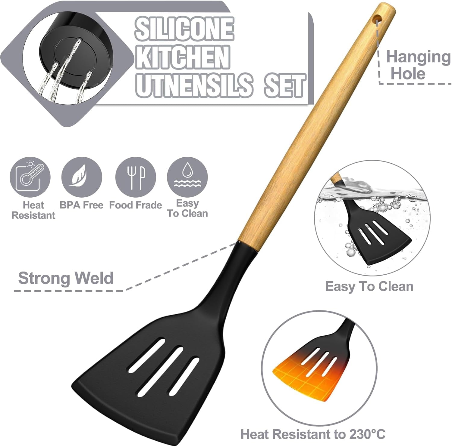 Non-Stick Safe Kitchen Utensil Set, 34Pieces Silicone Cooking Utensil Set with Wooden Handle, Heat Resistant Spatula Set Gadg... - Ergonomic Kitchen Tongs and Cooking Spoon Utensil Detail