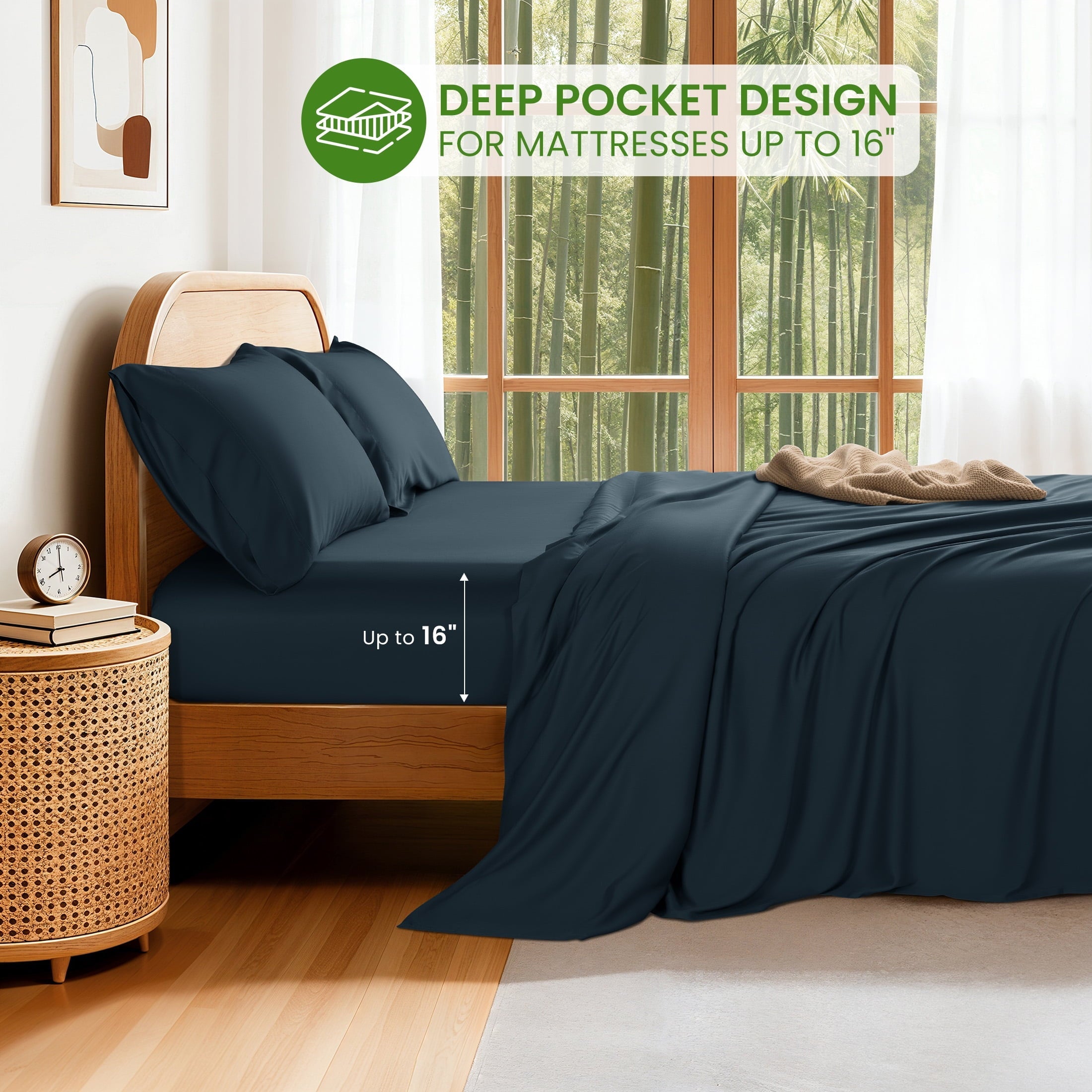 Ultra-Soft 100% Organic Luxurious Bamboo Sheets, Queen Sheet Set 4-Piece with 16" Deep Pocket, Silky Smooth Luxury Bed Sheets, N... - Luxury Bed Sheet Set with Deep Pockets Detail