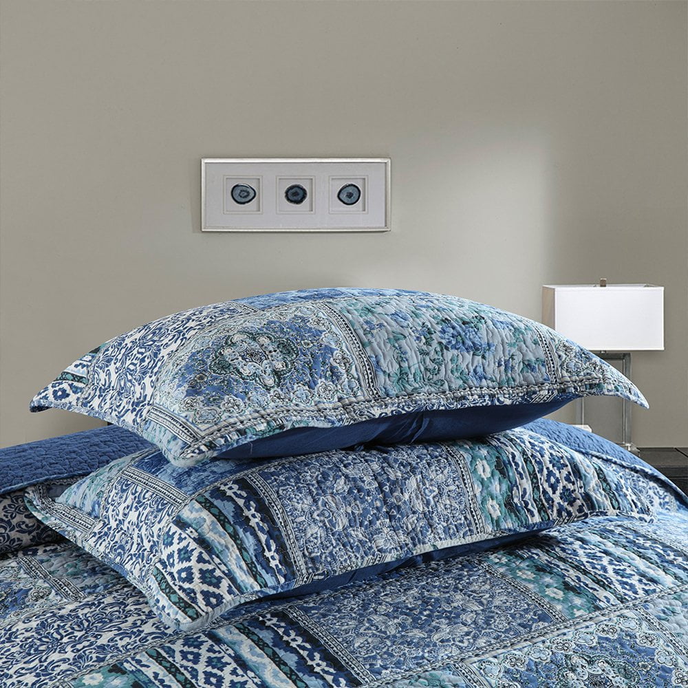 Luxurious Quilted Quilt Comforter Cotton Bedding Set With Shams, Vintage Blue, King - Luxurious Quilted Duvet Cover Set Detail