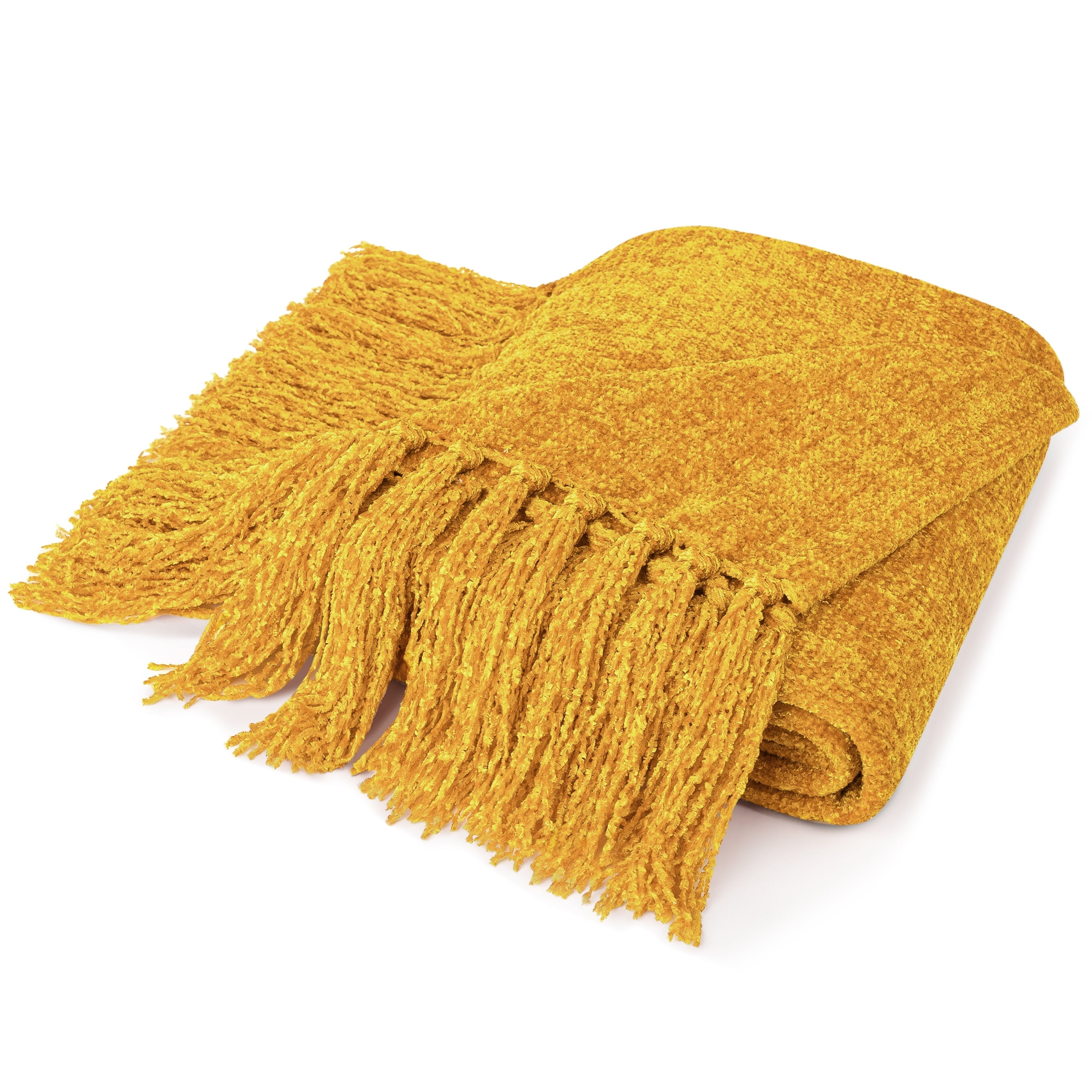 Super Soft Flannel Mustard Yellow Chenille Throw Blanket for Couch, Soft Gold Knit Blanket with Tassel Fringe, Woven Chenille Knitted De... - Lightweight Plush Warm Blanket for All Seasons Detail