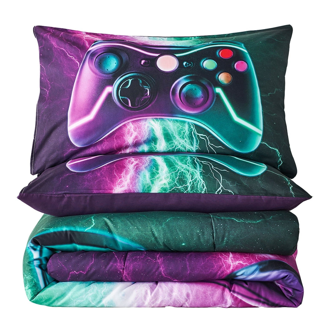 Luxurious Quilted Queen Size Gaming Comforter Set for Boys,3-Piece 3D Green Purple Lightning Game Controller Bedding Set for Kids Teens - Luxurious Quilted Duvet Cover Set Detail