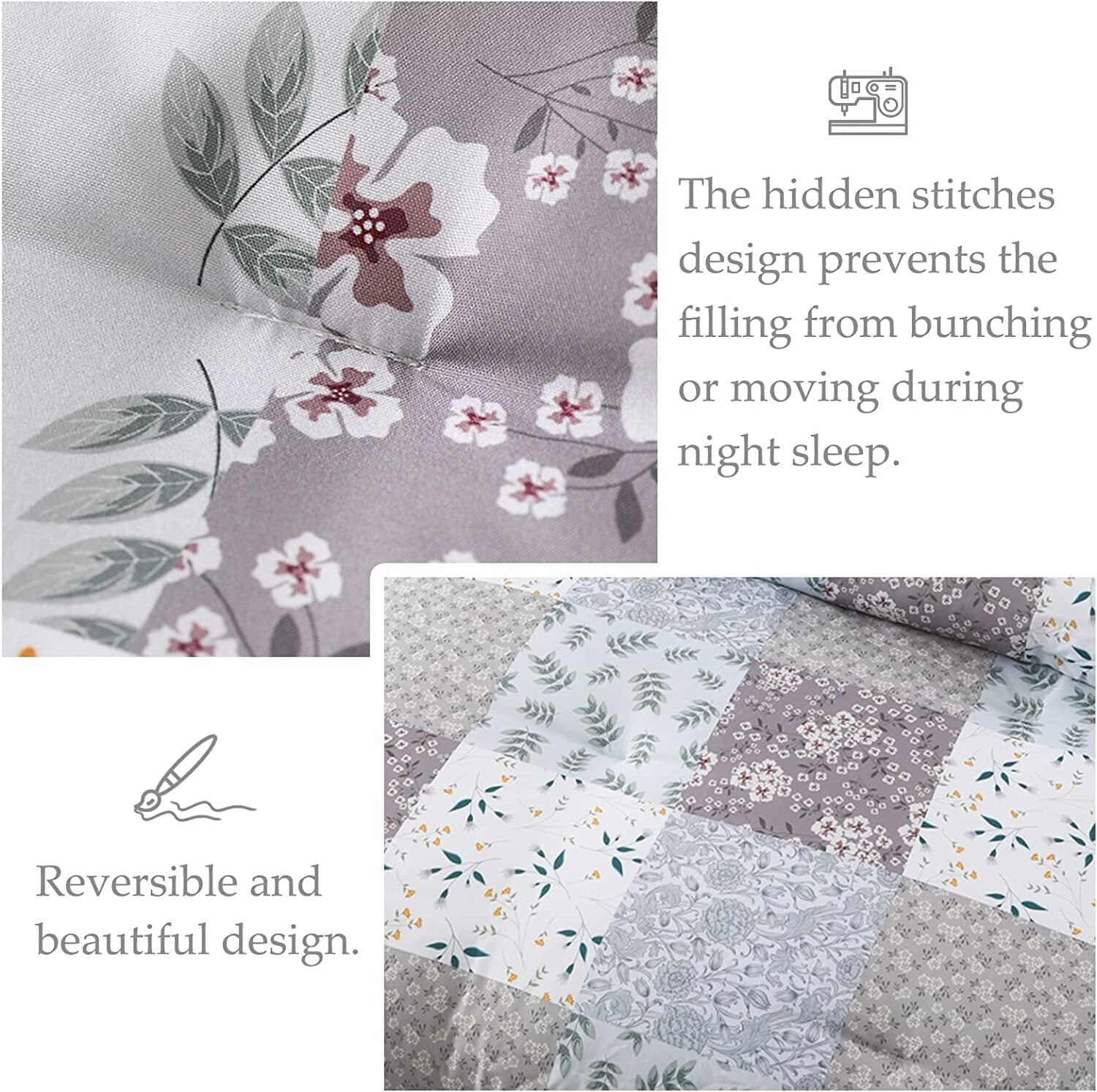 Luxurious Quilted 3-Piece Queen Comforter Set, Soft Reversible Bedding Comforter Sets, Patchwork Printed Down Alternative Comforter Duv... - Luxurious Quilted Duvet Cover Set Detail