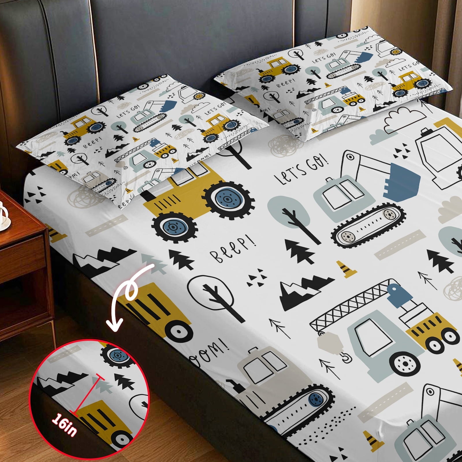 Breathable Luxury Cartoon Excavator Sheet Set for Kids Boys Truck Construction Bedding Set Engineering Vehicle Bed Sheet Sets with 1 Fi... - Luxury Bed Sheet Set with Deep Pockets Detail