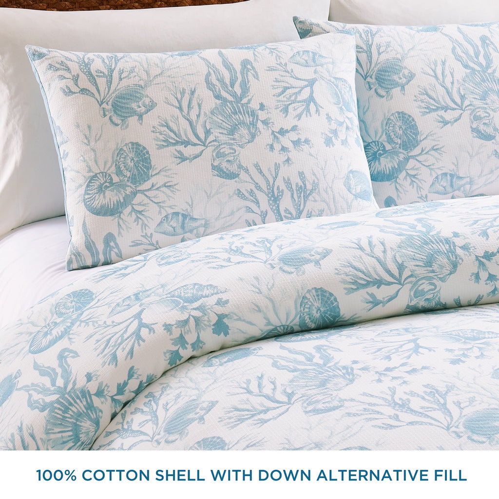 Fluffy Down Alternative 3-Piece Lightweight 100% Cotton Blue & White Ocean Print Comforter Set, Full/Queen - Luxurious Quilted Duvet Cover Set Detail