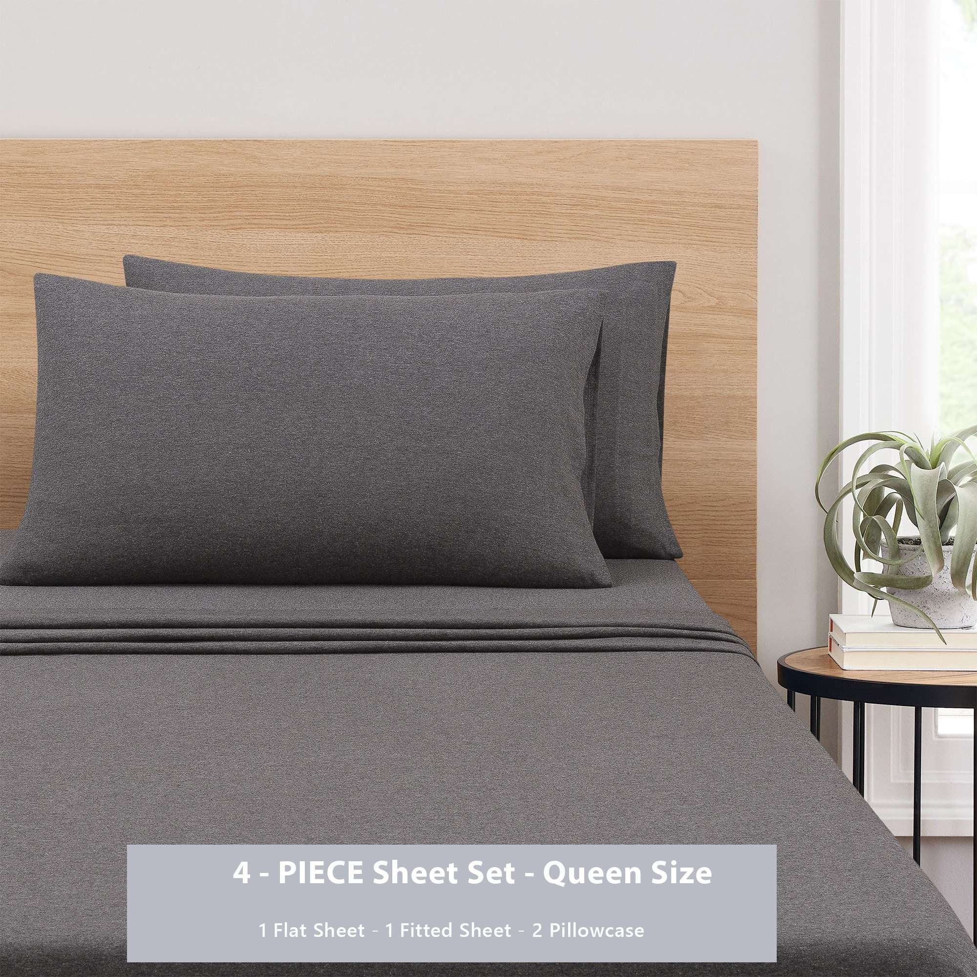 Ultra-Soft Cotton Rich Extra Soft Jersey Bed Sheet Set, Queen, Charcoal, 4 Pieces - Premium Ultra-Soft Pillowcase Pair for Sleeping Detail