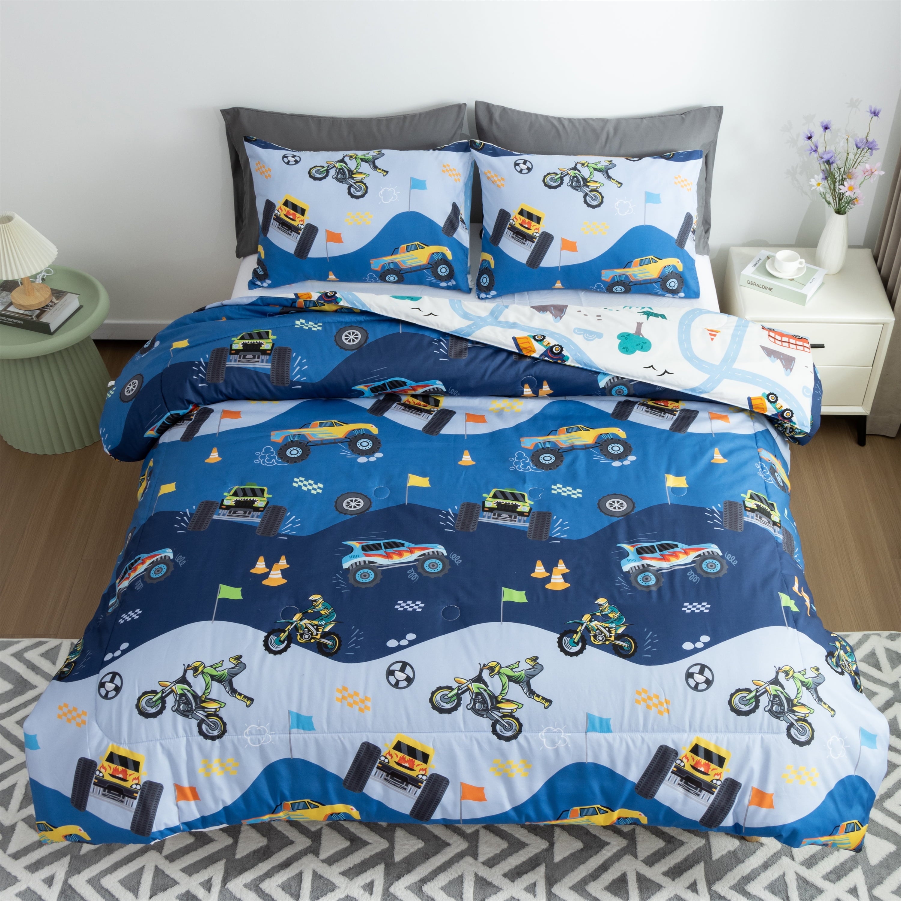 Luxurious Quilted 3Pcs Reversible Construction Truck Twin Comforter Set for Boys Kids Excavator Vehicle Motorcycle Bedding Set Blue - All-Season Down Alternative Comforter Insert Detail