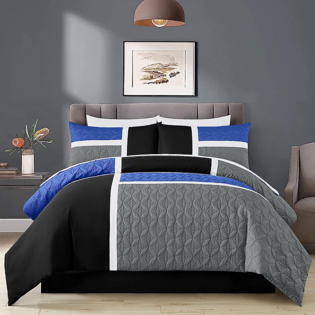 Fluffy Down Alternative Bernard 7-Piece Full Bed in a Bag Comforter Set with Sheets, Lightweight Comforter Blue Black Gray Patchwork Quilted ... - Luxurious Quilted Duvet Cover Set Detail