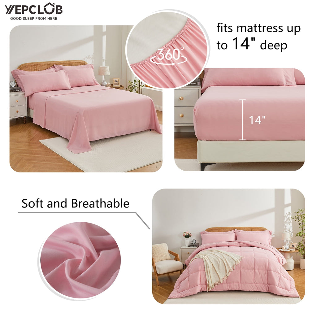 Heavyweight Warmth 7-Piece Queen Size Comforter Set,Pink Reversible Bed in a Bag,All Season Solid Bedding Set with Sheets,Pillowcases & ... - All-Season Down Alternative Comforter Insert Detail