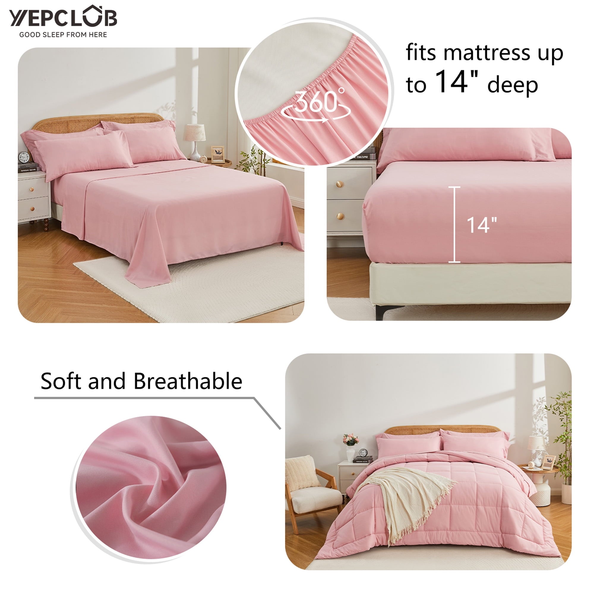 Heavyweight Warmth 7-Piece Queen Size Comforter Set,Pink Reversible Bed in a Bag,All Season Solid Bedding Set with Sheets,Pillowcases & ... - All-Season Down Alternative Comforter Insert Detail