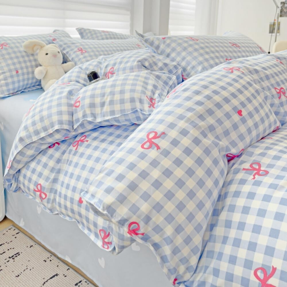 Fluffy Down Alternative 3-Piece Blue Plaid Pink Bows Comforter Full Set , Cute Soft Bedding Set for Kids Adults - All-Season Down Alternative Comforter Insert Detail
