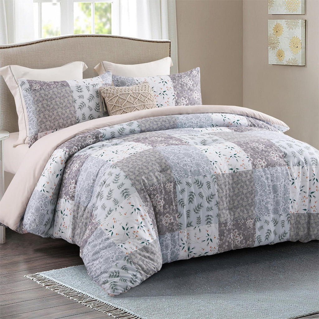 Luxurious Quilted 3-Piece Queen Comforter Set, Soft Reversible Bedding Comforter Sets, Patchwork Printed Down Alternative Comforter Duv... - Luxurious Quilted Duvet Cover Set Detail