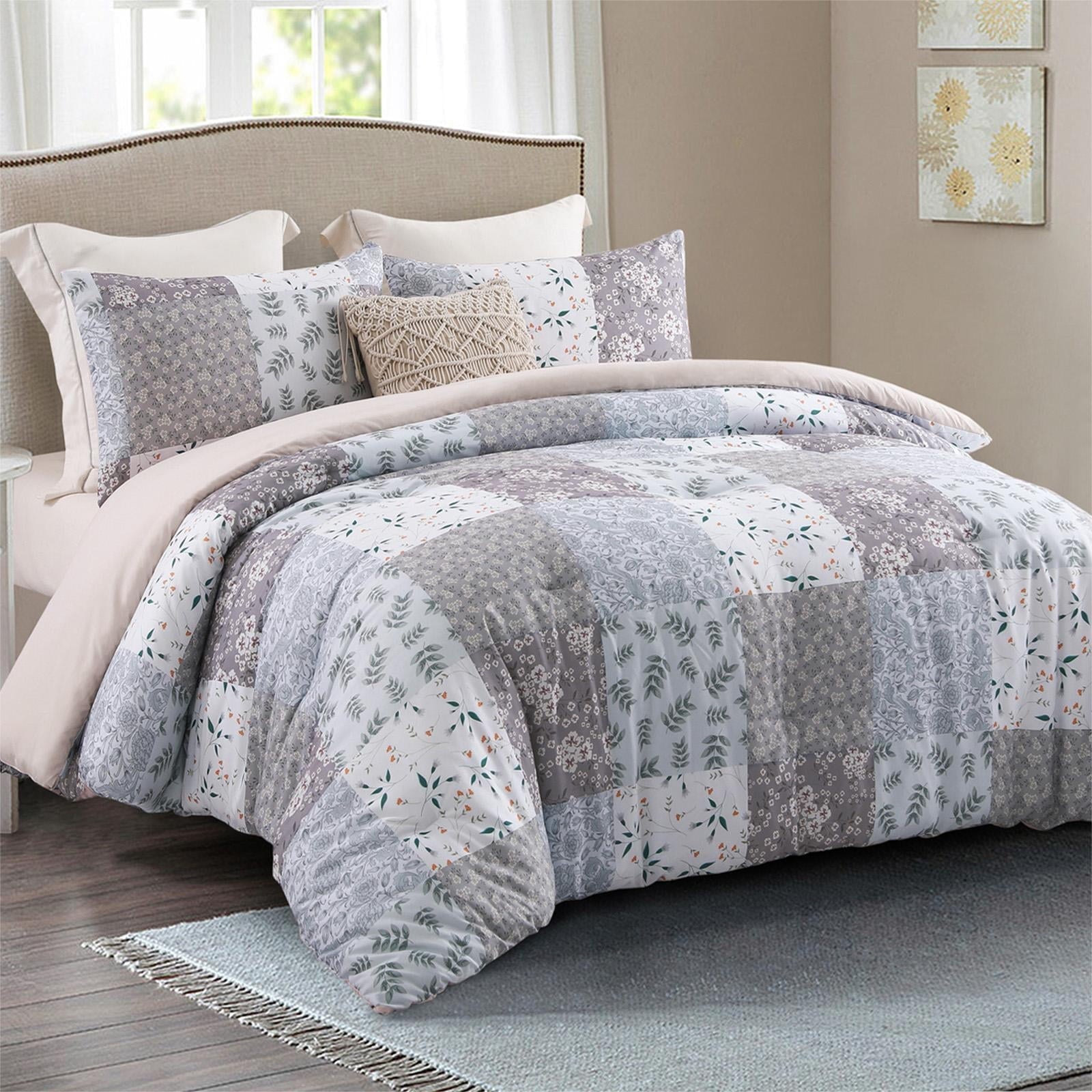 Luxurious Quilted 3-Piece Queen Comforter Set, Soft Reversible Bedding Comforter Sets, Patchwork Printed Down Alternative Comforter Duv... - Luxurious Quilted Duvet Cover Set Detail