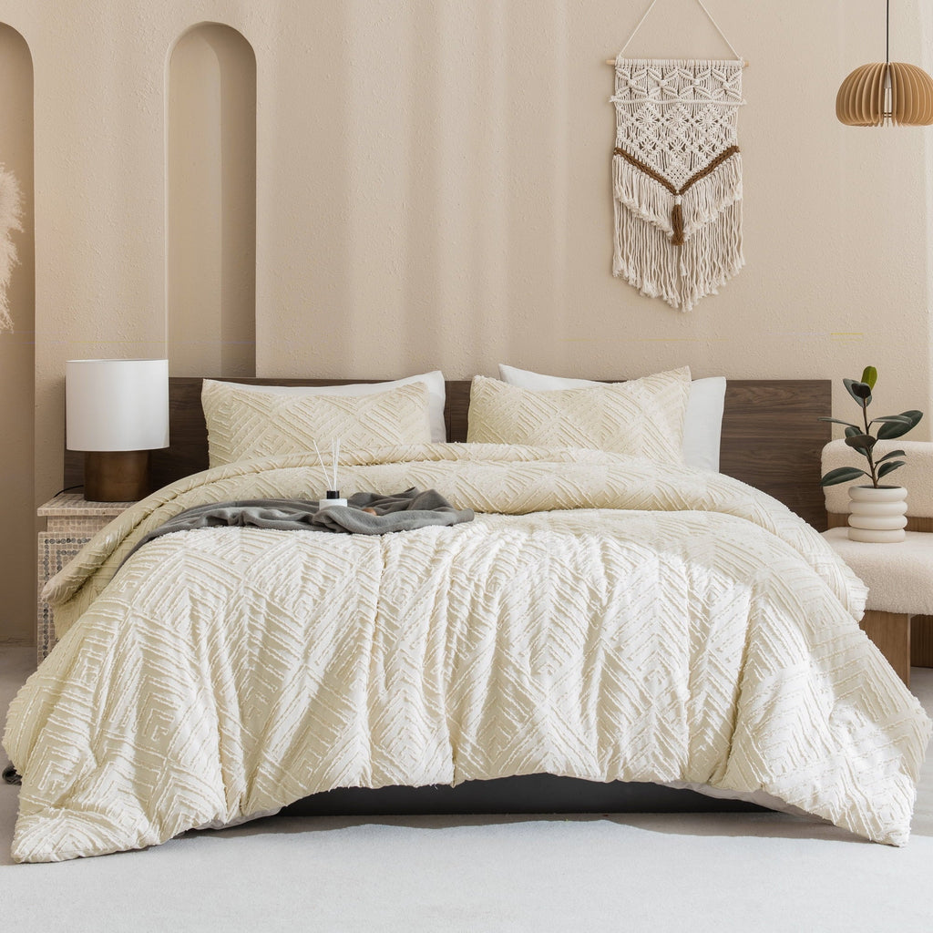 Luxurious Quilted King Size Comforter Sets Beige - 3 Pieces Cream Boho Bedding Comforter Set for King Bed - Soft Fluffy Tufted Textured... - Hypoallergenic Ultra-Fluffy Quilt for Winter Detail