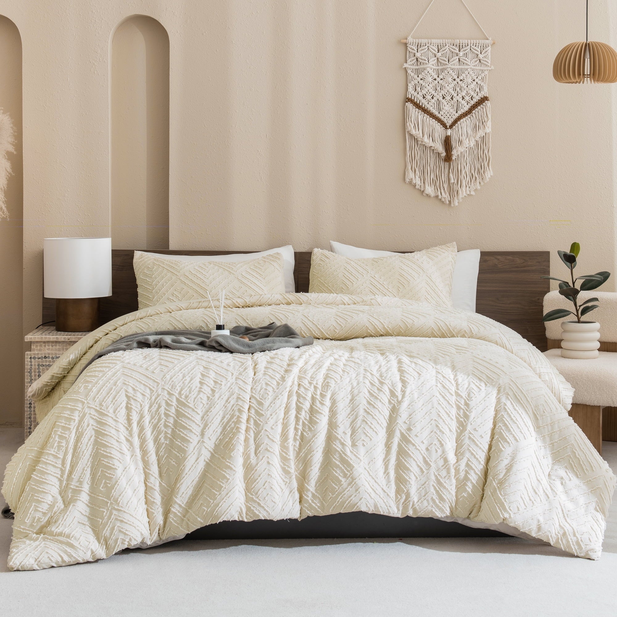 Luxurious Quilted King Size Comforter Sets Beige - 3 Pieces Cream Boho Bedding Comforter Set for King Bed - Soft Fluffy Tufted Textured... - Hypoallergenic Ultra-Fluffy Quilt for Winter Detail