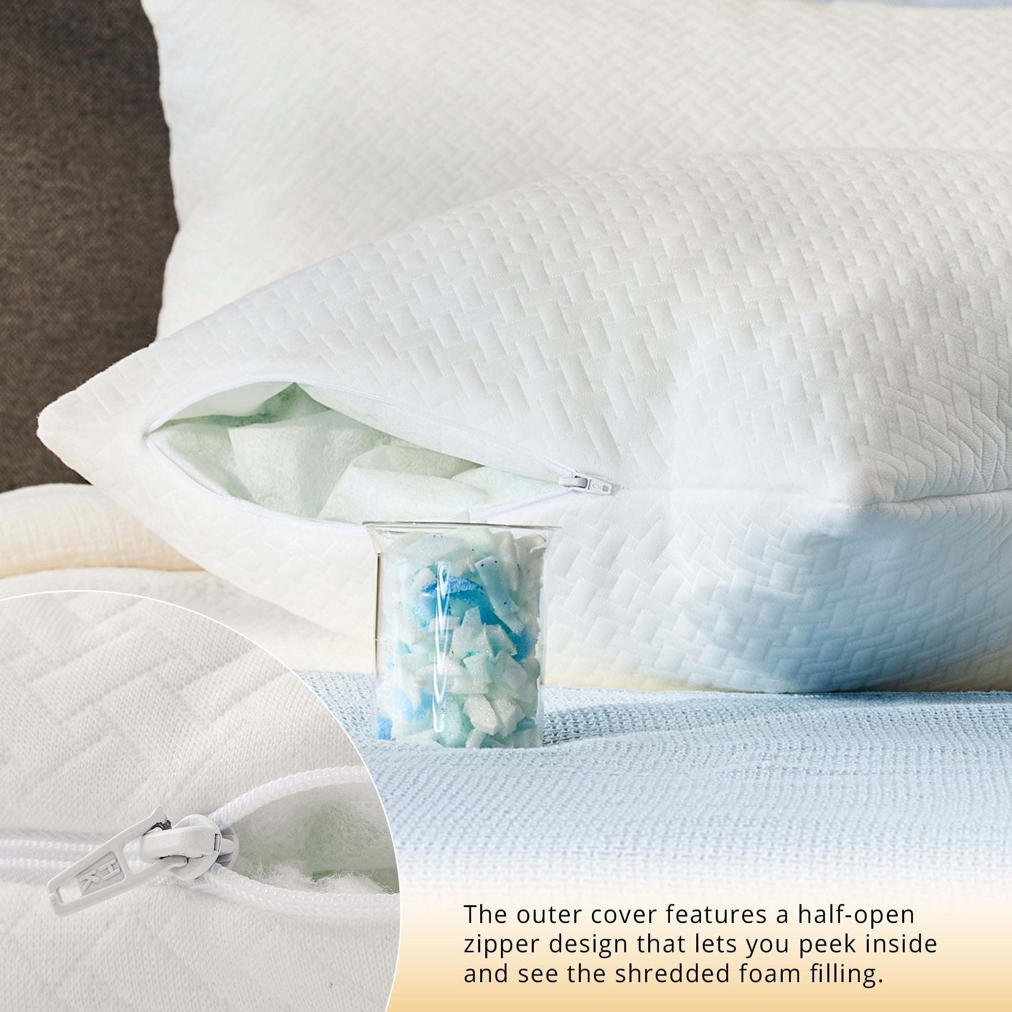 Decorative Plump 2 Pack Bed Pillow, Shredded Gel Memory Foam Pillow, Standard Queen, Medium, Made in USA - Hotel Quality Plush Sleeping Pillows Detail