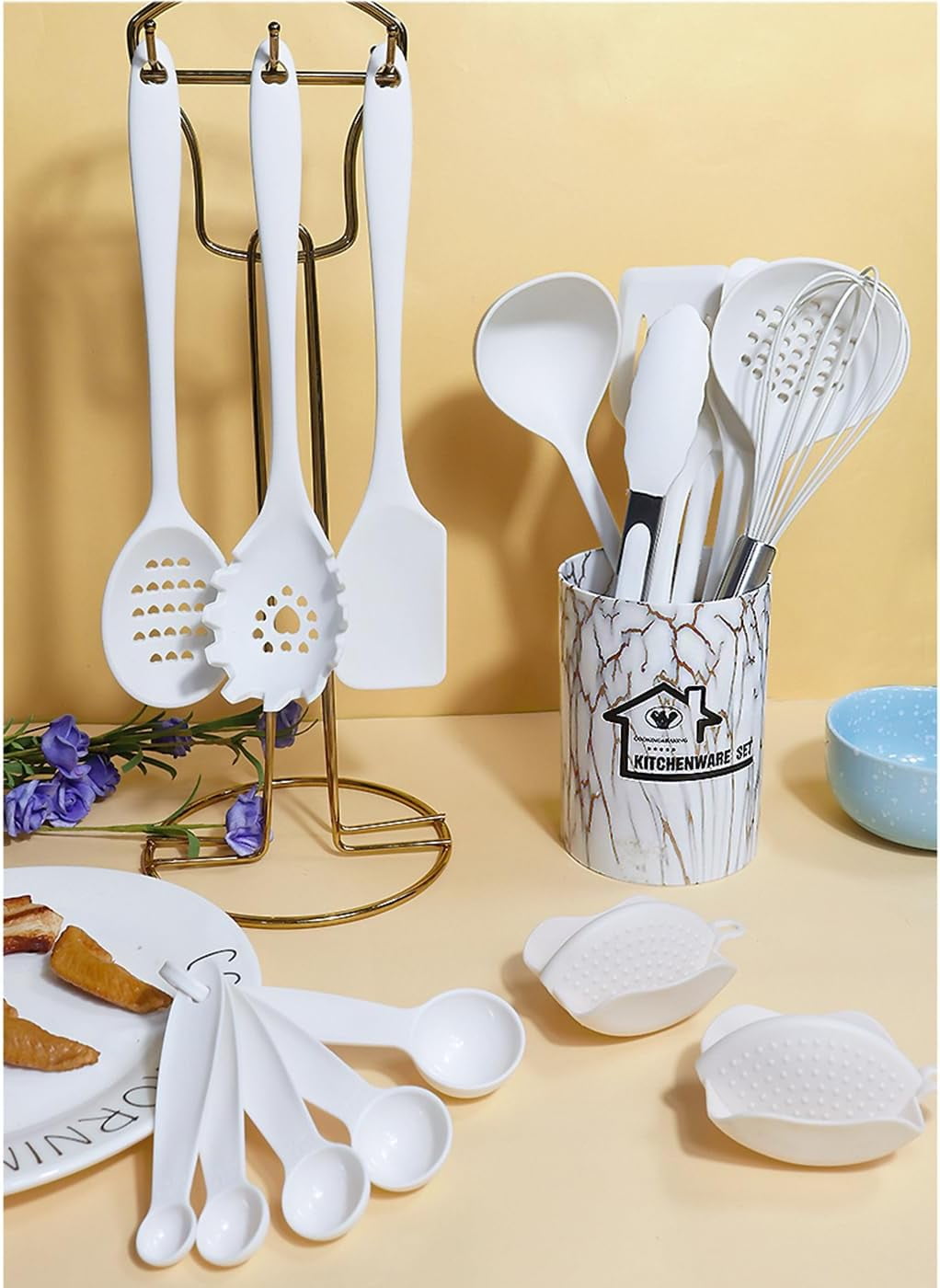 Heat-Resistant Silicone Cooking Utensils Set - 446°F Heat Resistant Kitchen Utensils,Turner Tongs,Spatula,Spoon,Brush,Whisk,Kitchen ... - Ergonomic Kitchen Tongs and Cooking Spoon Utensil Detail