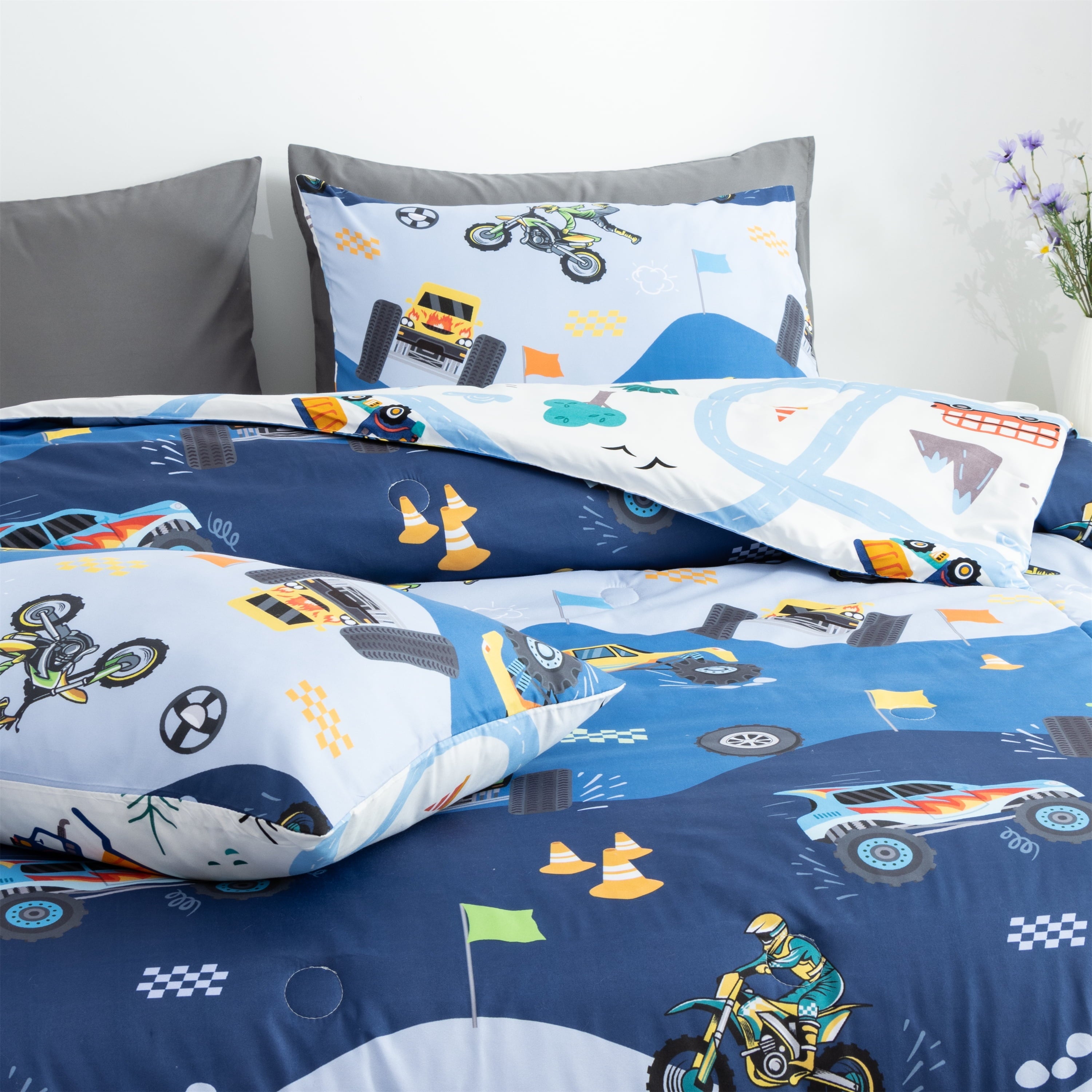 Luxurious Quilted 3Pcs Reversible Construction Truck Twin Comforter Set for Boys Kids Excavator Vehicle Motorcycle Bedding Set Blue - All-Season Down Alternative Comforter Insert Detail