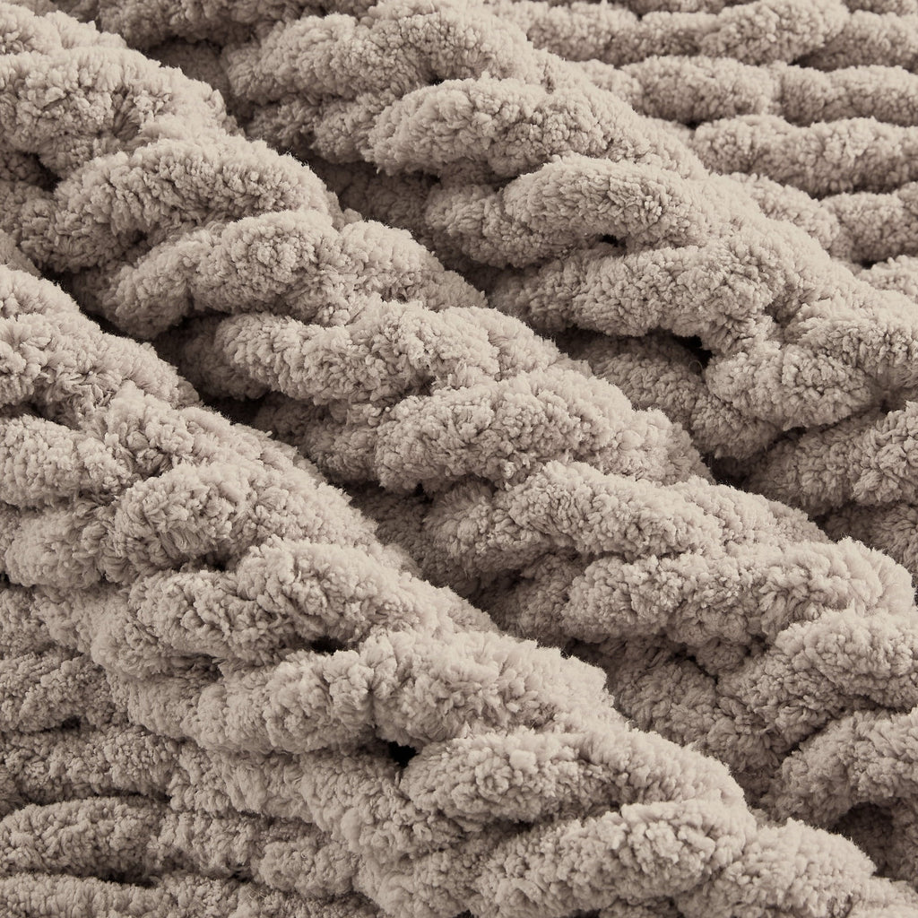 Reversible Sherpa Chunky Knit Throw Blanket Handmade Soft Throws for Couch Sofa Bed, 50" x 60" Taupe - Luxury Knitted Decorative Throw Blanket with Fringes Detail
