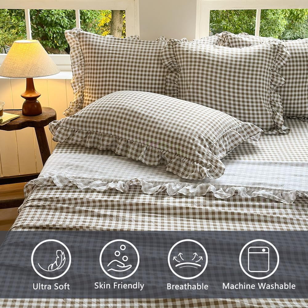 Breathable Luxury Tan Gingham Ruffle Queen Sheet Set, Taupe Soft Pre-Washed Microfiber Plaid Ruffled Queen Bed Sheets, 4-Pieces Farmhou... - Breathable Egyptian Cotton Flat & Fitted Sheets Detail