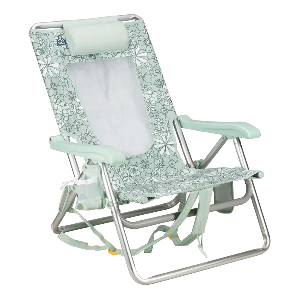 Sand-Friendly Backpack Beach Chair - Choice 709 - Low-Profile Reclining Beach Chair with Backpack Straps - Floral Pastel Green