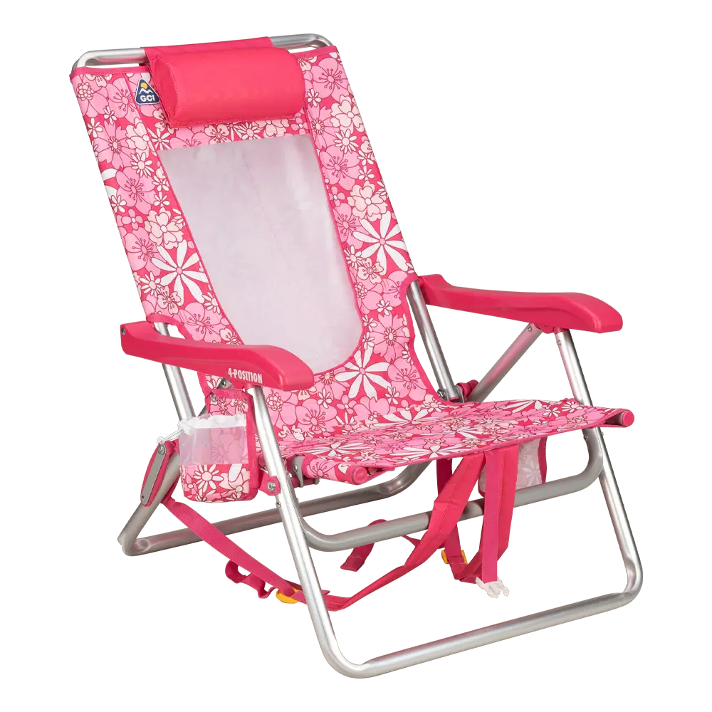 Sand-Friendly Backpack Beach Chair - Choice 709 - Low-Profile Reclining Beach Chair with Backpack Straps - Floral Sport Pink