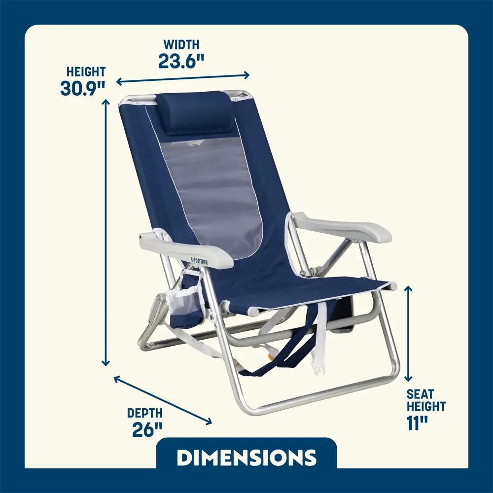 Sand-Friendly Backpack Beach Chair - Choice 709 - Low-Profile Reclining Beach Chair with Backpack Straps Detail