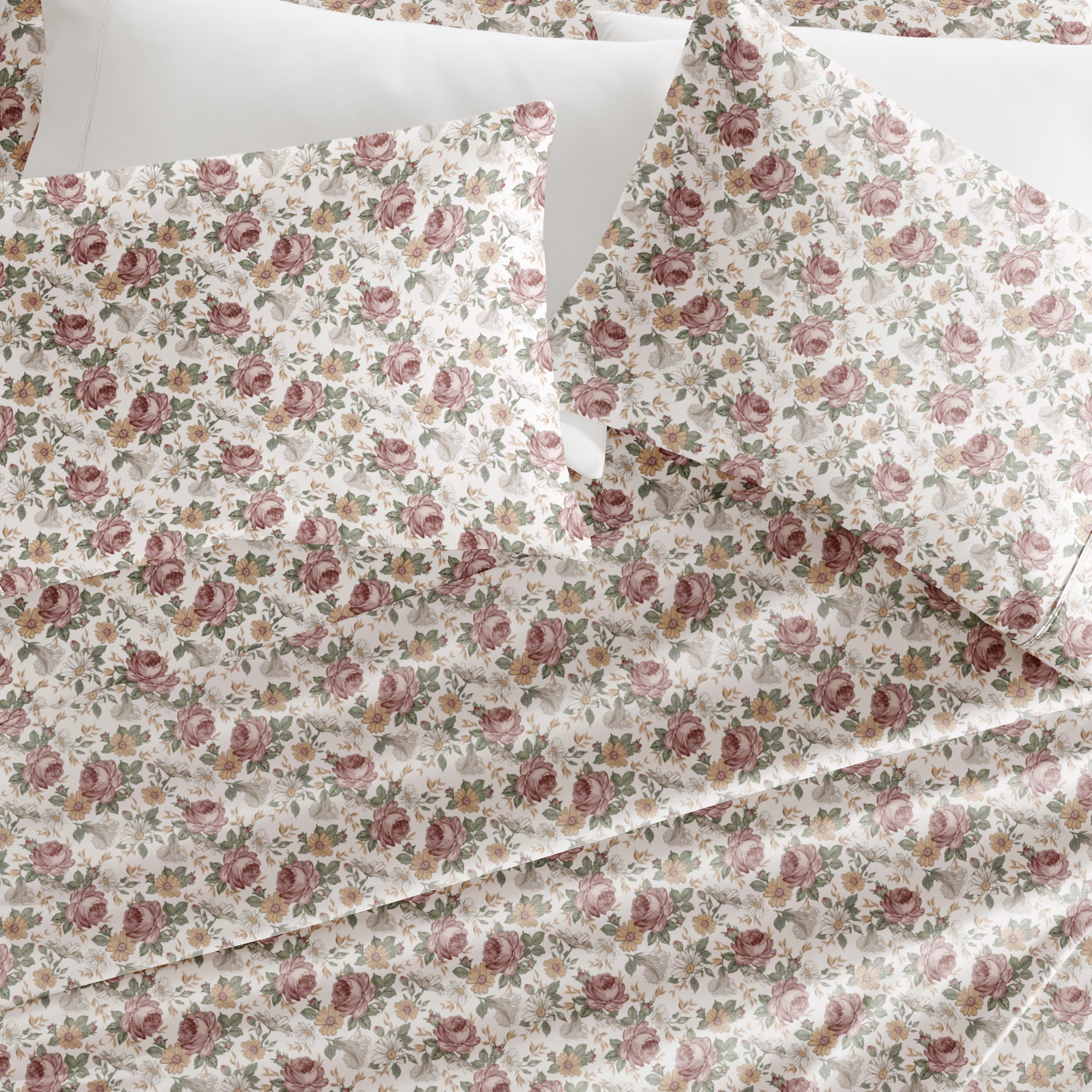Wrinkle-Resistant 4 Piece Pattern Microfiber Bed Sheets Set, Blooming Floral Rose, Queen - Cooling Hotel Quality Bedding Sheets and Pillowcases Detail
