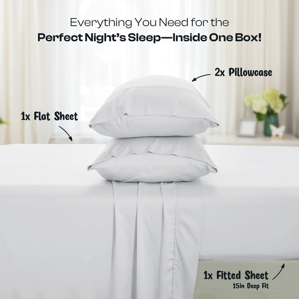 Cooling Sateen IR 3 Piece 1800 Series Deep Pocket Soft Microfiber Solid Bed Sheet Set for Kids, White Twin Size - Premium Ultra-Soft Pillowcase Pair for Sleeping Detail