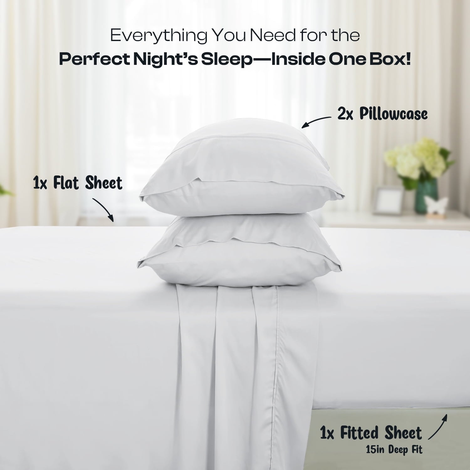 Cooling Sateen IR 3 Piece 1800 Series Deep Pocket Soft Microfiber Solid Bed Sheet Set for Kids, White Twin Size - Premium Ultra-Soft Pillowcase Pair for Sleeping Detail