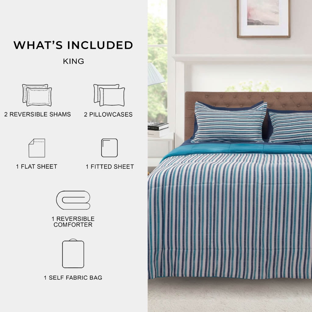 Hypoallergenic Cloud All in One Reversible Comforter and Sheet Set- 7 Piece, Queen, Blue Pinstripe - Hypoallergenic Ultra-Fluffy Quilt for Winter Detail