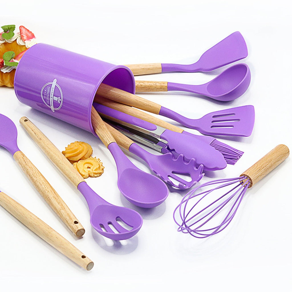 Ergonomic Cooking 12Pcs Cooking Kitchen Utensils Set with Holder,Wooden Handles Cooking Tool,BPA Free,Non Toxic Turner Tongs Spa... - Durable Turner & Ladle Utensil Set for Home Chefs Detail