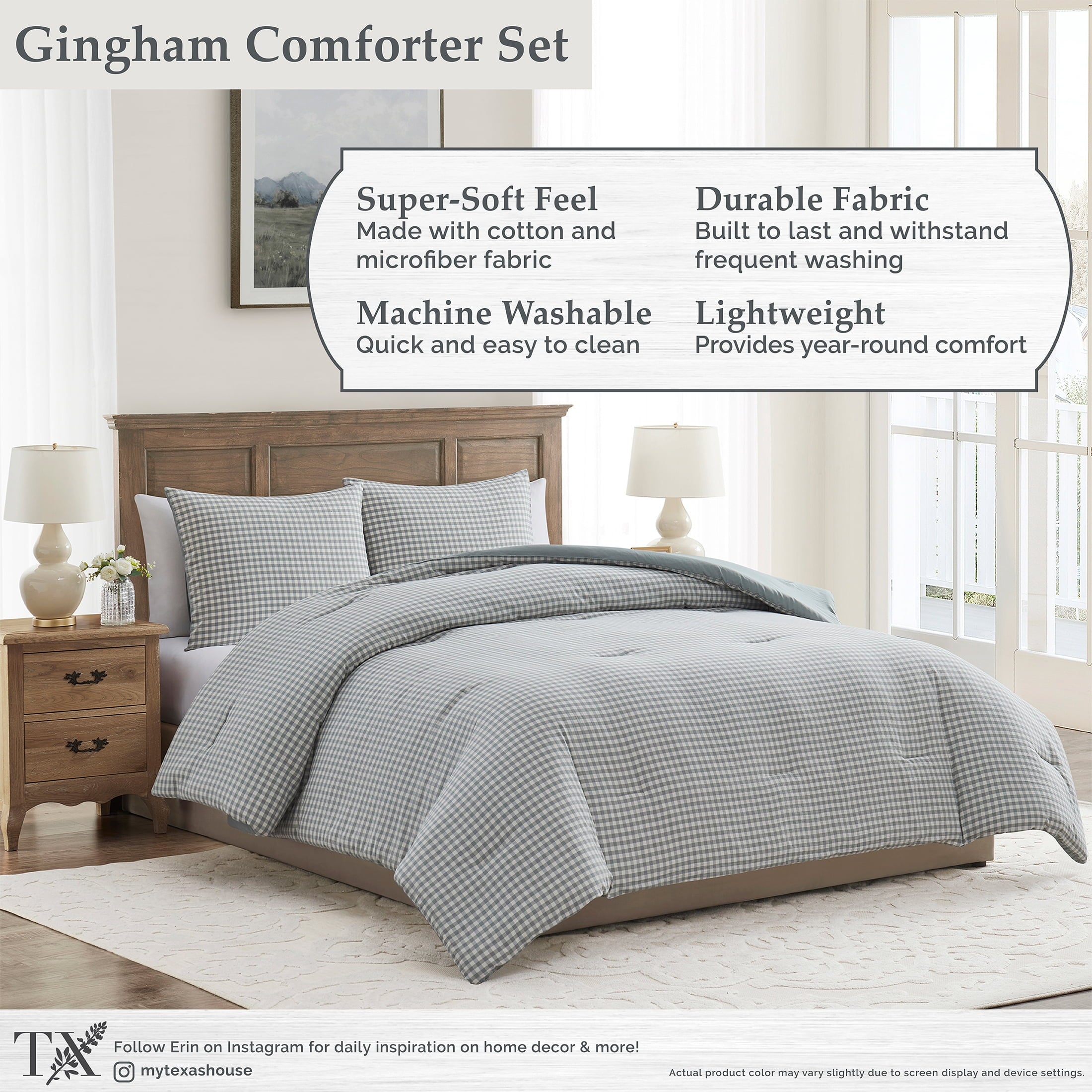 Luxurious Quilted Full/Queen Comforter Set, All-Season, 3-Piece, Green Gingham Plaid - All-Season Down Alternative Comforter Insert Detail