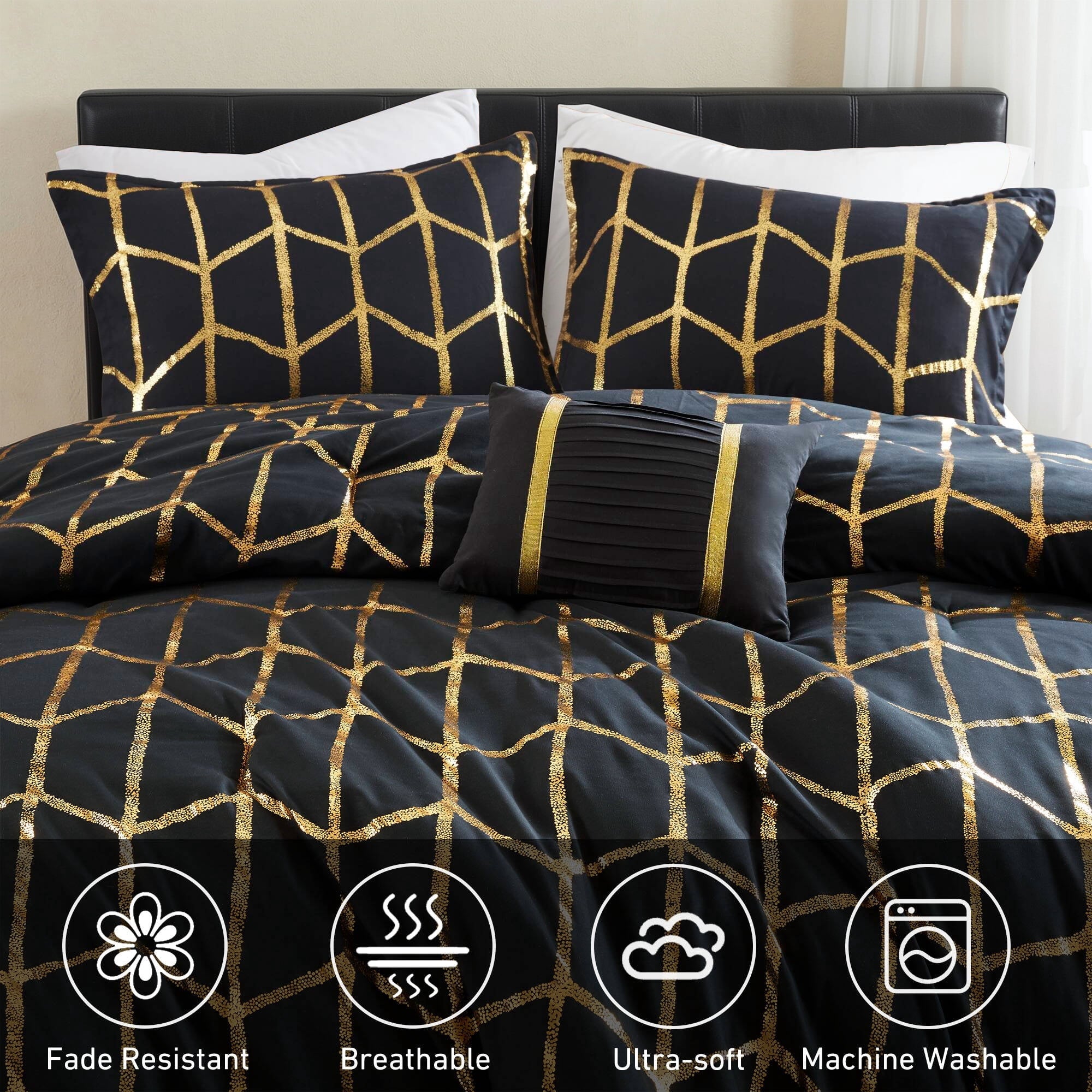 Hypoallergenic Cloud Full/Queen Size Comforter Set, 4-Piece Bedding Set for All Seasons, Geometric Metallic Comforter Bed Set with Decor P... - Luxurious Quilted Duvet Cover Set Detail