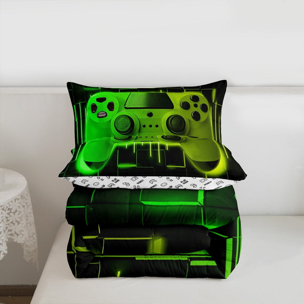 Heavyweight Warmth Green Yellow Gaming Full Size Comforter Sets - Gamer Comforter Full Size Bedding Set, Neon Lights Abstract Geometry D... - Hypoallergenic Ultra-Fluffy Quilt for Winter Detail