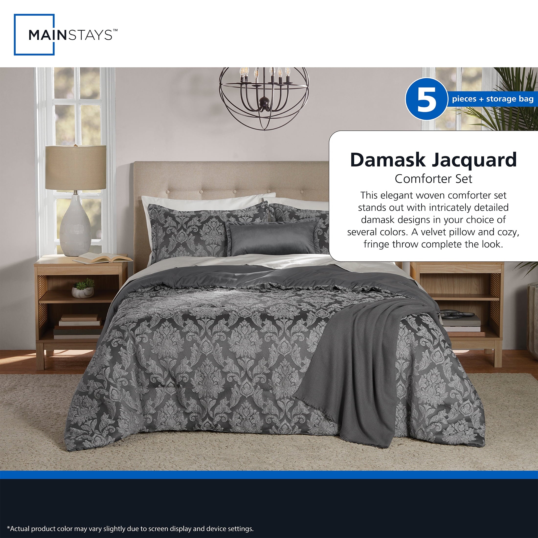 Hypoallergenic Cloud Full/Queen Comforter Set, All-Season, 5-Piece, Grey Jacquard Damask - Hypoallergenic Ultra-Fluffy Quilt for Winter Detail