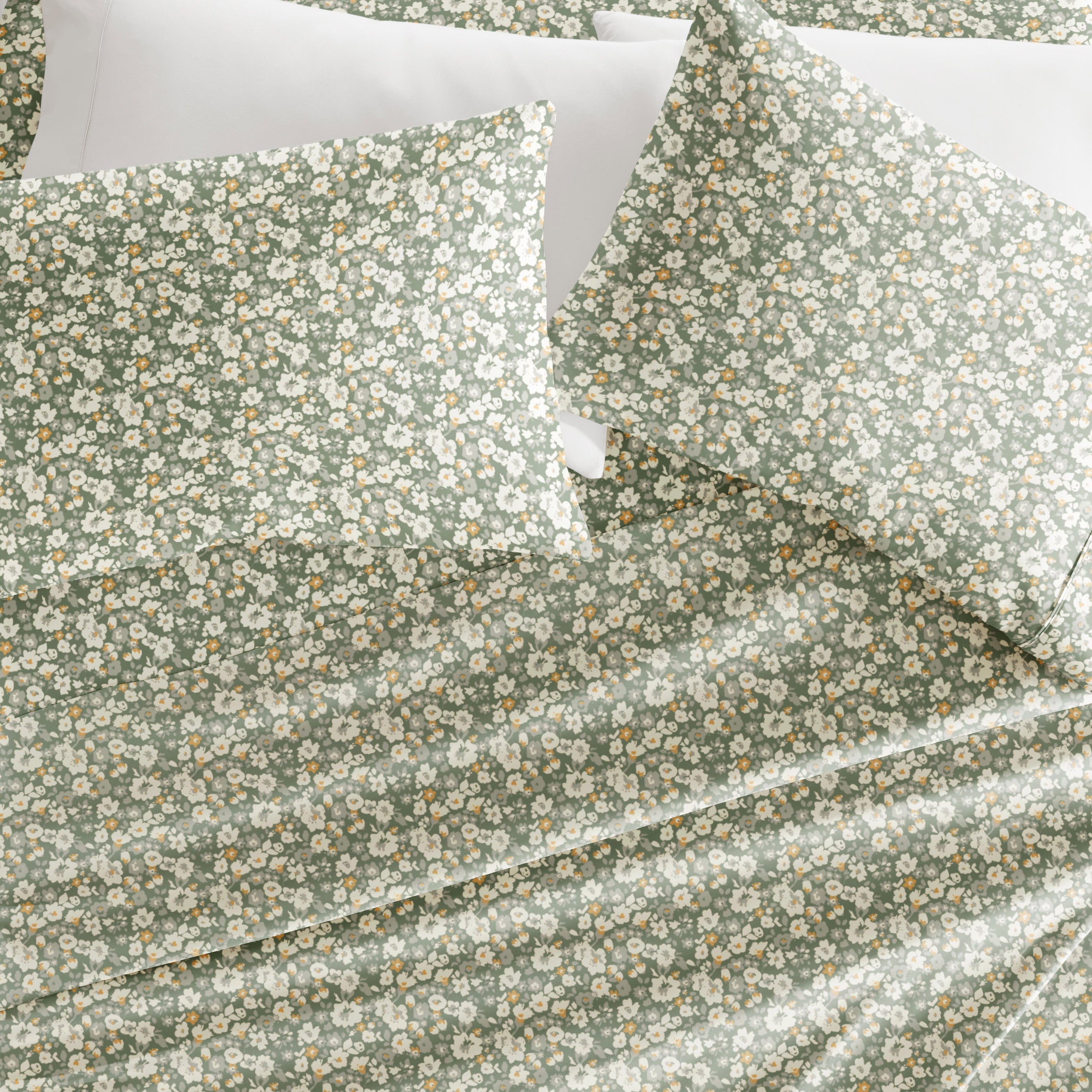 Cooling Sateen 4 Piece Pattern Microfiber Bed Sheets Set, Floral Dream Eucalyptus, Twin - Premium Ultra-Soft Pillowcase Pair for Sleeping Detail