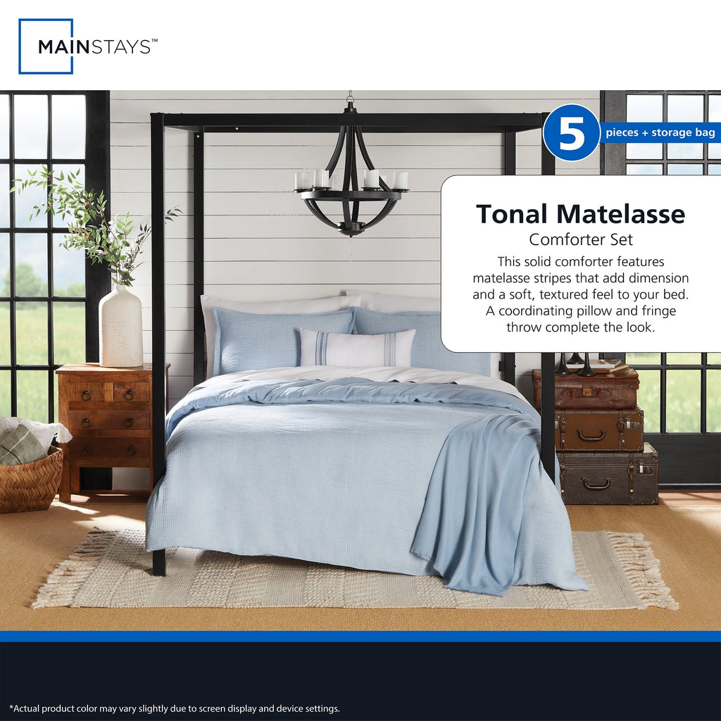 Luxurious Quilted Full/Queen Comforter Set, All-Season, 5-Piece, Blue Matelasse Tonal Stripe - Luxurious Quilted Duvet Cover Set Detail