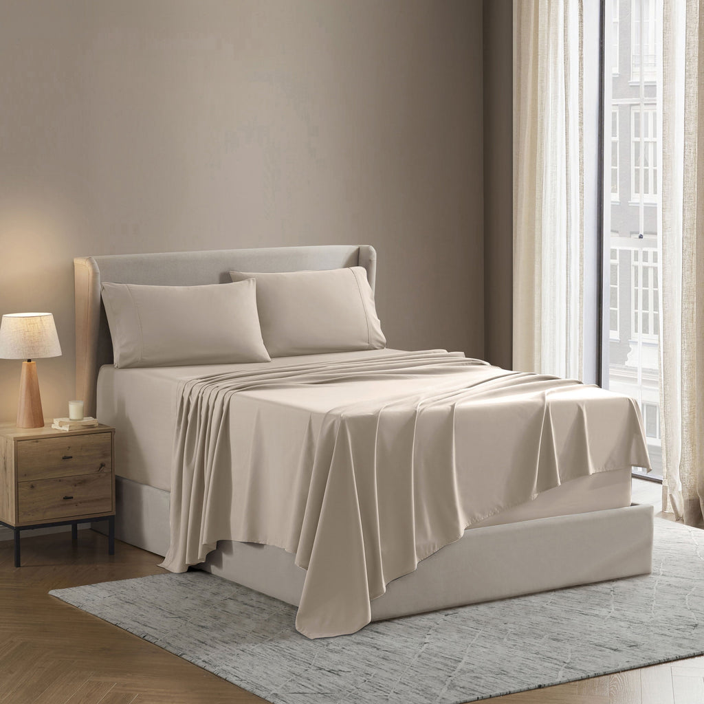 Cooling Sateen King Sheet Sets, 1800 Series Deep Pocket 4 Piece, Luxury Soft Microfiber Bed Sheet Sets, BEIGE CREAM - Luxury Bed Sheet Set with Deep Pockets Detail