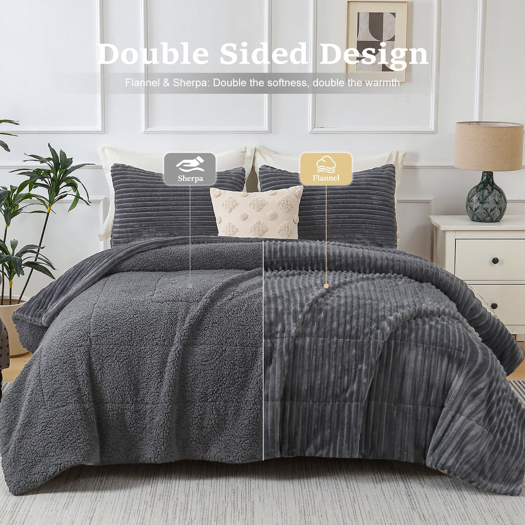 All-Season 3 Piece Fleece Queen Comforter Set - Soft & Warm Fluffy Dark Gray Sherpa Bedding , Fuzzy Heavy Double Sided Design Wi... - Luxurious Quilted Duvet Cover Set Detail