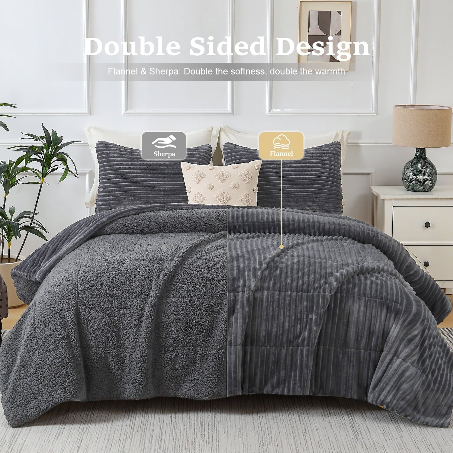 All-Season 3 Piece Fleece Queen Comforter Set - Soft & Warm Fluffy Dark Gray Sherpa Bedding , Fuzzy Heavy Double Sided Design Wi... - Luxurious Quilted Duvet Cover Set Detail