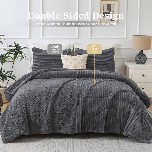 All-Season 3 Piece Fleece Queen Comforter Set - Soft & Warm Fluffy Dark Gray Sherpa Bedding , Fuzzy Heavy Double Sided Design Wi... - Luxurious Quilted Duvet Cover Set Detail