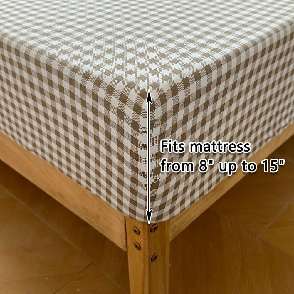 Breathable Luxury Tan Gingham Ruffle Queen Sheet Set, Taupe Soft Pre-Washed Microfiber Plaid Ruffled Queen Bed Sheets, 4-Pieces Farmhou... - Breathable Egyptian Cotton Flat & Fitted Sheets Detail