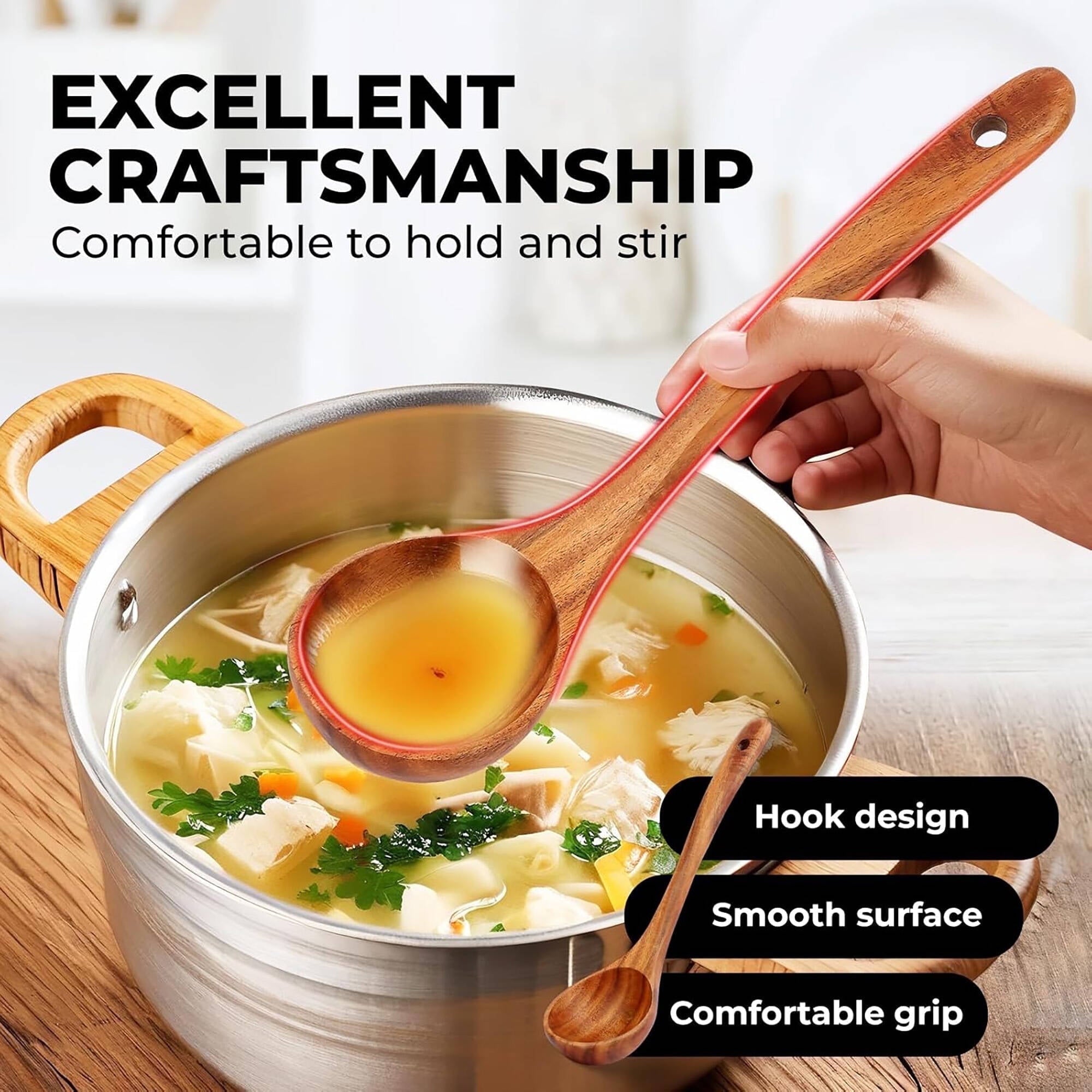 Ergonomic Cooking 6-Piece Natural Teak Wooden Spoons for Cooking With 10 Hooks，Handcrafted Kitchen Utensils Set ，Ideal Gift Set - Durable Turner & Ladle Utensil Set for Home Chefs Detail