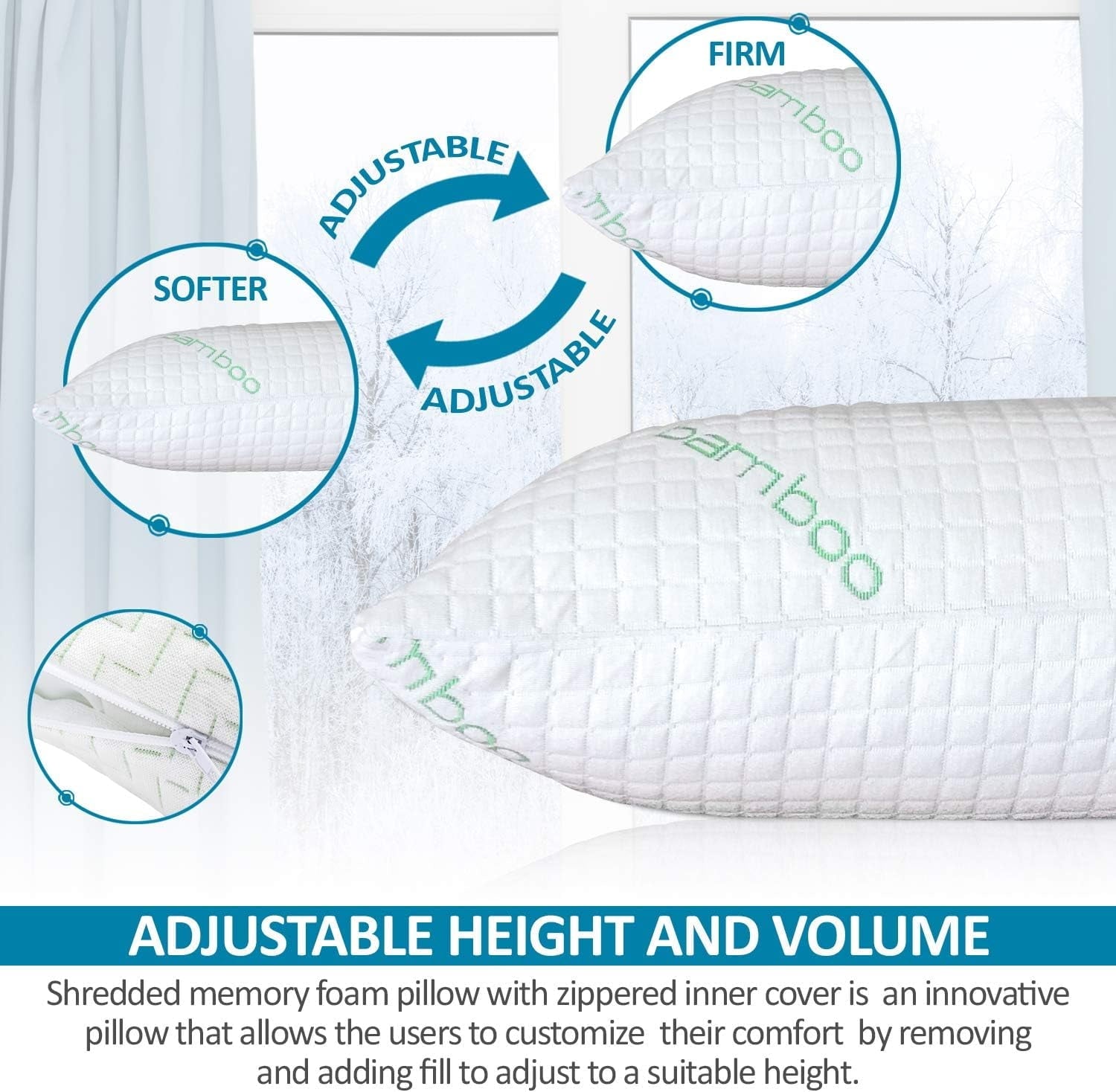 Orthopedic Support Queen Size Bamboo Pillow, Memory Foam Bed Pillows with Washable Pillowcases, Queen - Ergonomic Memory Foam Pillow for Neck Pain Support Detail