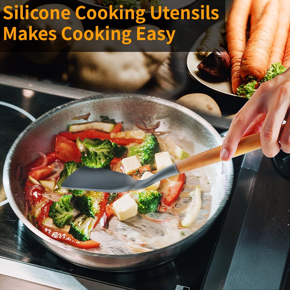 Seamless One-Piece Silicone Wooden Heat Resistant Kitchen Utensil Set, 12 pcs - Durable Turner & Ladle Utensil Set for Home Chefs Detail