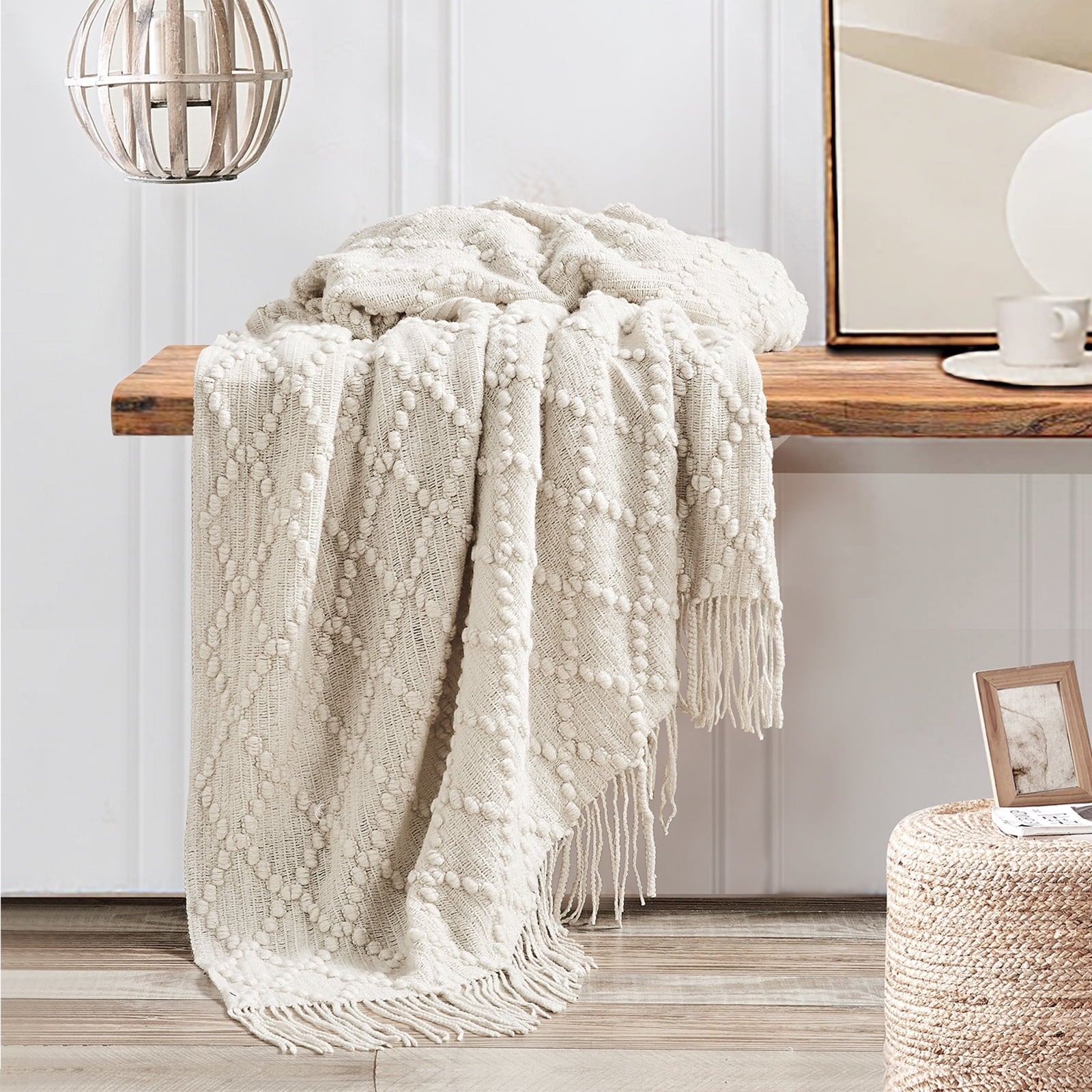 Lightweight Warm Texture Pure Color Soft Throw Blanket and Sofa Or Bed Knitted Decorative Blanket 50 x70 inches Jacquard Diamond Beige... - Cozy Fleece Throw Blanket for Couch & Bed Detail